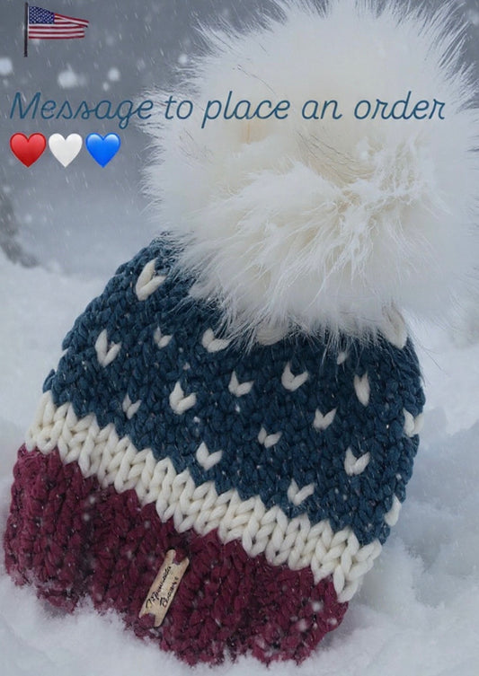 American Snowfall handmade red white and navy beanie by Minnesota Beanies