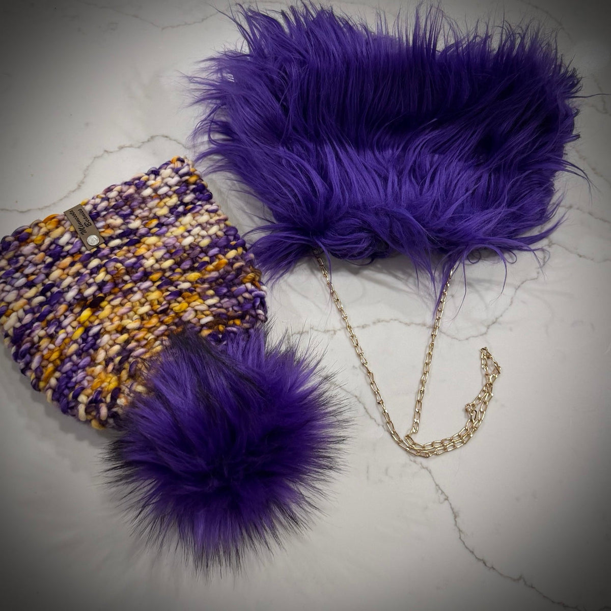 Purple Reign handmade purple beanie with coordinating deep purple faux-fur handbag