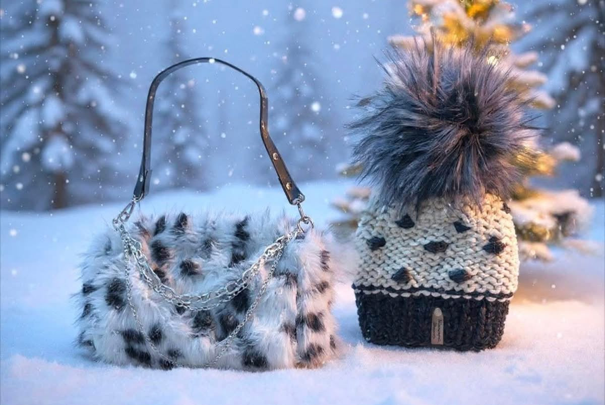 Dalmatian Chic handbag shown with coordinating beanie