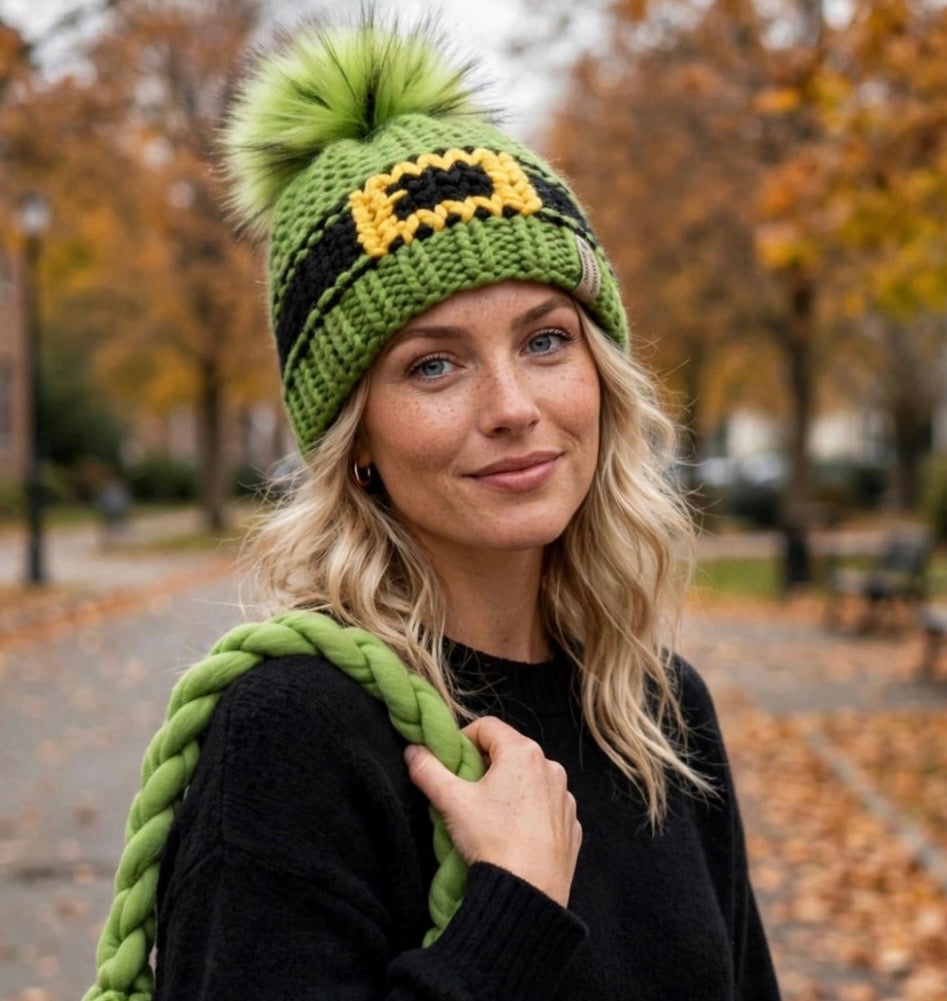 Model wearing Sunflower Grove handmade beanie