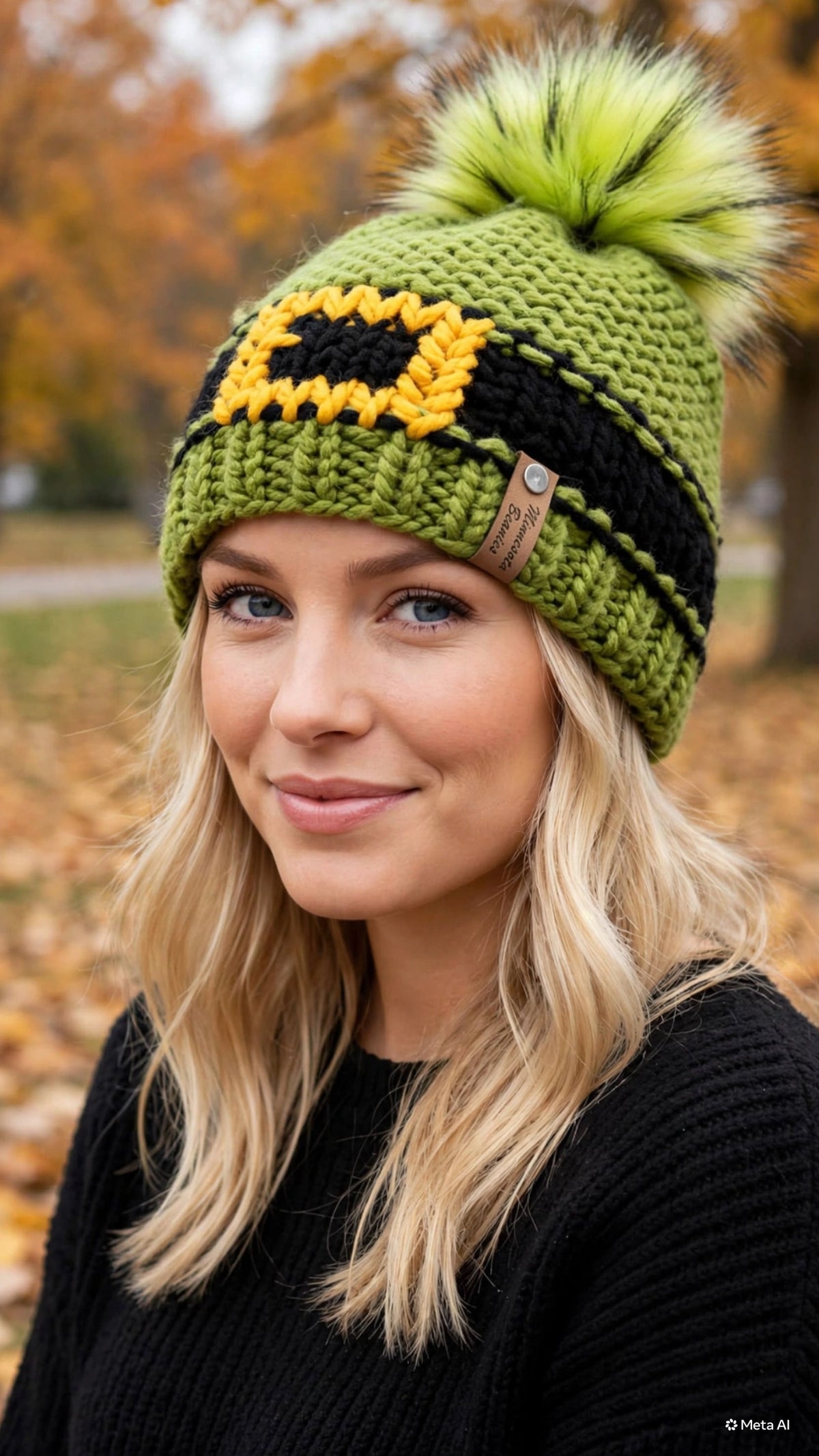 Close view of Sunflower Grove handmade beanie