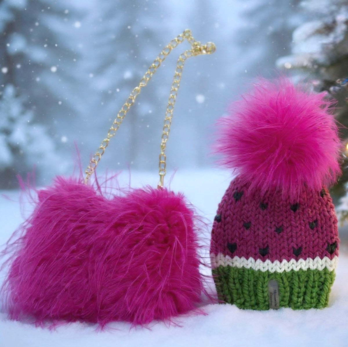 Watermelon pink faux fur handbag with gold-tone chain and matching beanie